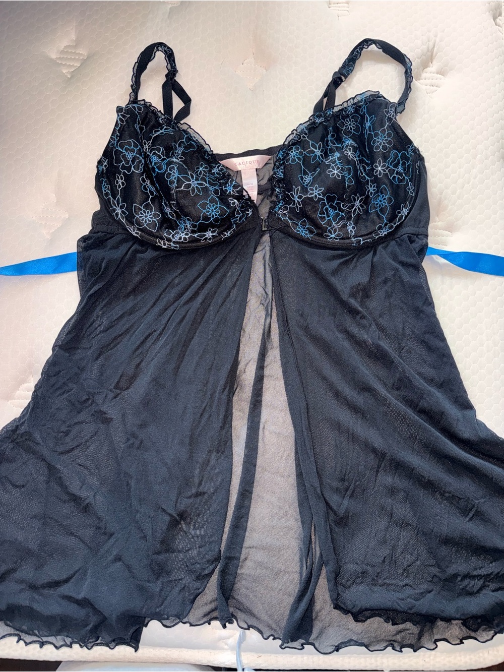 24. Cacique Black Chemise with Blue Floral Embroidered Cups